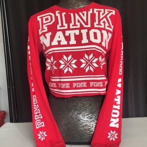 VICTORIA SECRET PINK CHRISTMAS SNOW FLAKE CROP TOP LONG SLEEVE SIZE SMALL